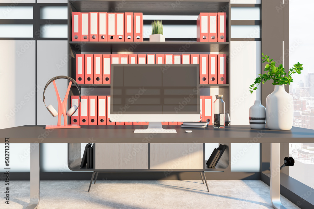 Aufkleber Empty computer monitor on desk in modern office interior. Mock up and online advertisement concept. 3D Rendering.
