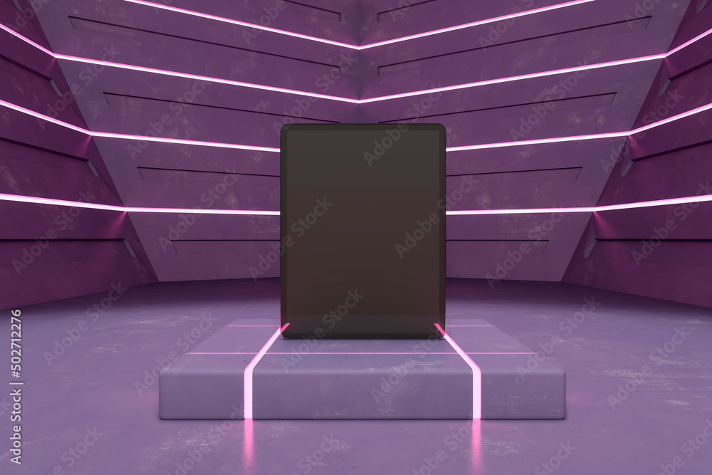 Poster Abstract purple futuristic interior with empty tablet screen on pedestal and mock up place for presentation. 3D Rendering.