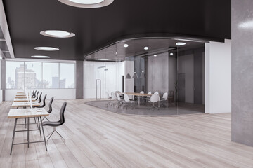 Clean glass coworking office interior with wooden flooring. Meeting room and hallway concept. 3D Rendering.