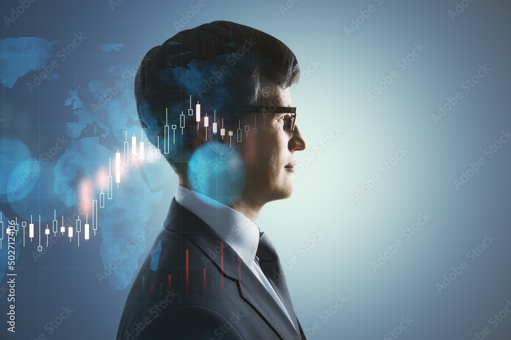 Poster trading strategy and global investing concept with man profile in black suit and digital world map w