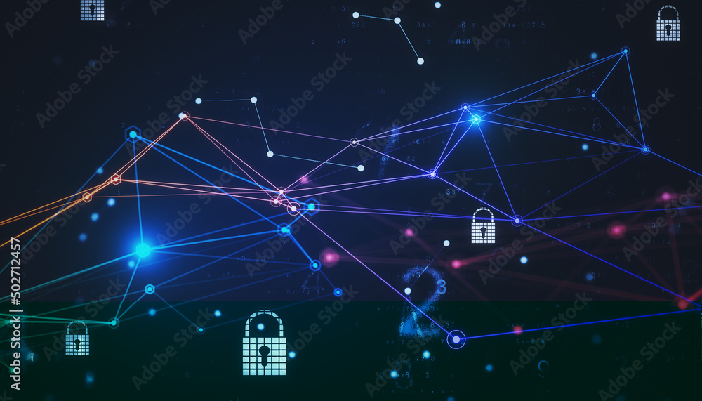 Aufkleber modern technology background and cyber security concept with glowing digital crossed lines and lock 