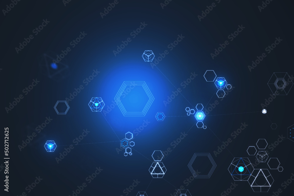 Poster abstract dark digital background with icons. landing page concept. 3d rendering.