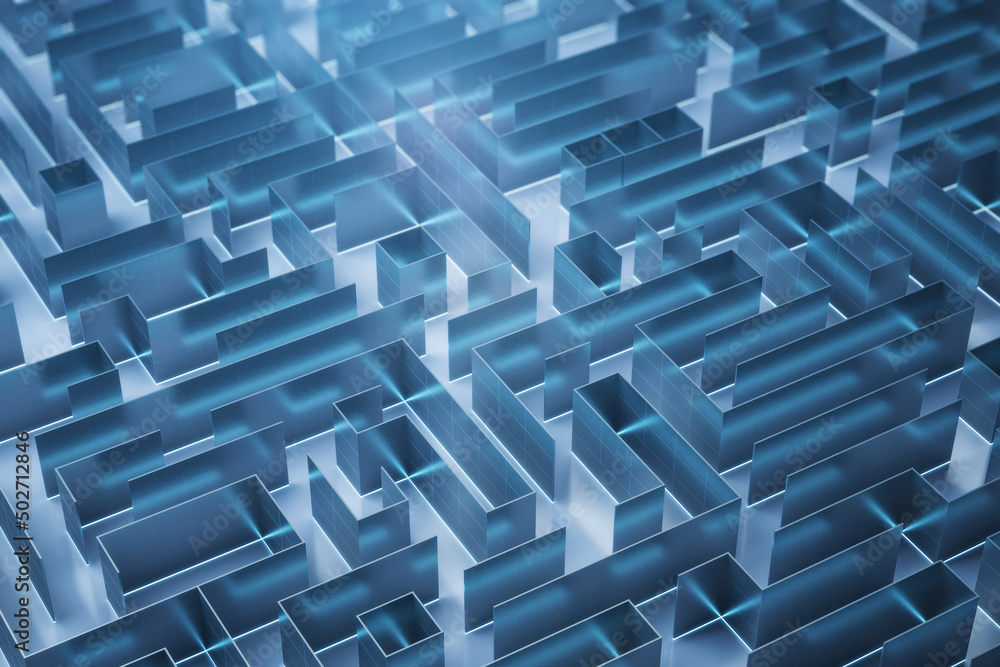 Poster creative blue maze background. 3d rendering.