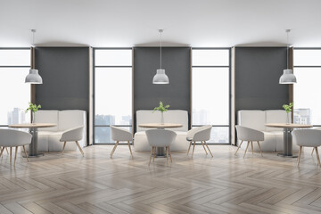 Contemporary concrete cafe interior with wooden flooring, furniture and bright city view. Dine in concept. 3D Rendering.