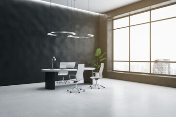 Luxury dark concrete office interior with furniture, window with city view, equipment and decorative plant. 3D Rendering. - obrazy, fototapety, plakaty