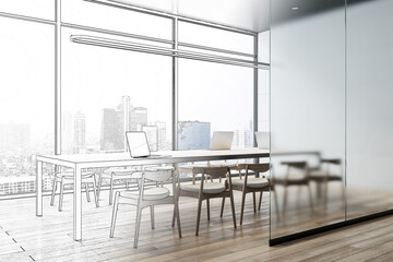 Sketch of modern concrete office interior with wooden flooring, matte partition glass, furniture, equipment and city view with daylight. 3D Rendering.