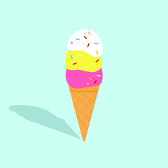 Triple scoop ice cream cone with topping.