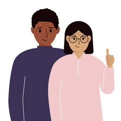 Fototapeta premium Smiling young couple, good mood concept. Positive emotions, happy people, man and woman showing thumbs up, fun and joy.
