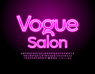 Vector glamour emblem Vogue Salon. Stylish Neon Font, Elegant glowing Alphabet Letters, Numbers and Symbols set
