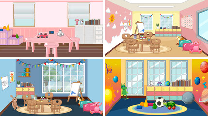 Set of different kindergarten classroom scenes