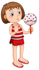 Cute girl in red outfit holding hand fan