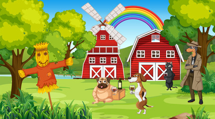 Obraz na płótnie Canvas Outdoor farm scene with cartoon dogs