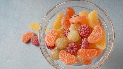 Нard fruit candies. Close Up hard sucking colorful fruit candies
