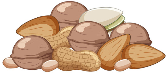 Fototapeta na wymiar Many walnuts almonds peanuts pistachios cartoon style