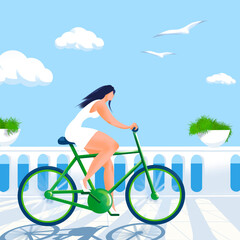 Young attractive girl character rides a bicycle along the seaside boulevard