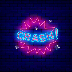 Crash inscription. Comic speech bubble neon signboard. Pop art boom design. Glowing effect poster. Vector illustration