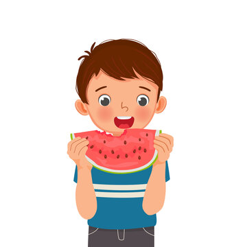 recommend clip art: Cute little boy eating watermelon on sunny day in summertime