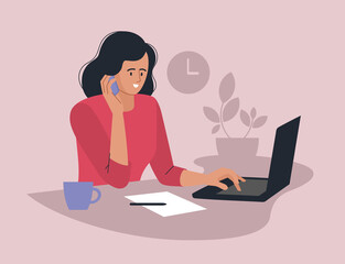 Online work. Girl with a laptop. People and business. The working process. Office work. Freelancer, work from home. Vector image.