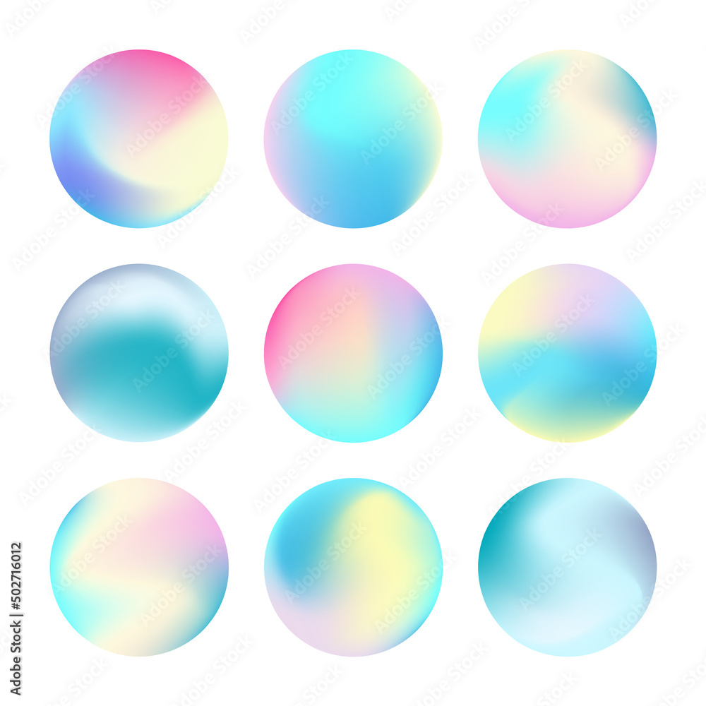 Wall mural Vivid gradient circle set. Beautiful fluid holographic iridescent color spheres