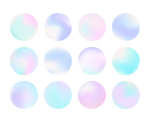 Vivid gradient circle set. Beautiful fluid holographic iridescent color spheres