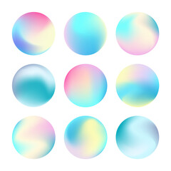 Vivid gradient circle set. Beautiful fluid holographic iridescent color spheres