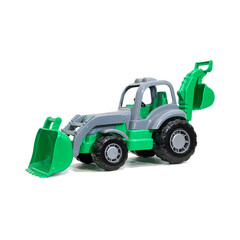 Children's toy tractor green with gray with bucket and blade on white background