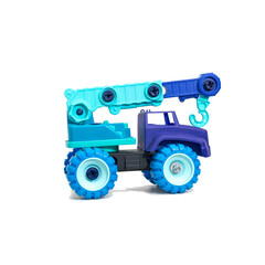 Children's toy truck crane blue with purple on white background
