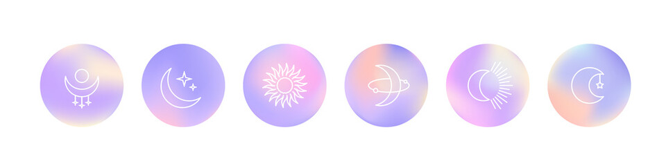 Vivid gradient circles with line art of sun, moon and mystic evil eye. Beautiful fluid holographic iridescent color spheres for stories highlights