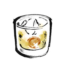 グラスに入った梅酒の手描き和風イラスト