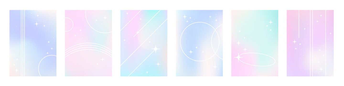 Fluid holographic gradient poster collection. Beautiful cover set with pastel liquid colors and line art of stars