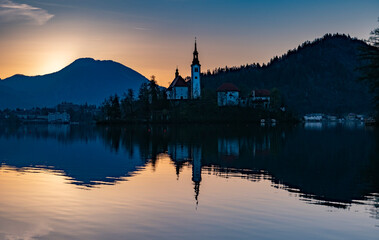 Fototapeta na wymiar Stunning view of church in Lake Bled, Slovenia