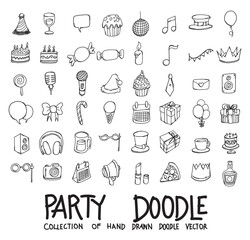 Party Doodle vector icon set. Drawing sketch illustration hand drawn line eps10