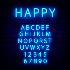 Turquoise alphabet. Night brick wall background. Happy inscription. Shiny abc for text. Vector stock illustration