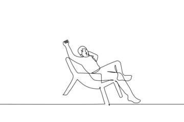 man yawns and stretches in a sun lounger - one line drawing vector. concept of rest, procrastination