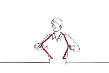 man pulling his suspenders - one line drawing vector. concept of using bright suspenders on trousers, buying suspenders
