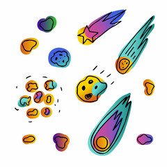 Line Space doodle comet set. Hand-drawn asteroids isolated on white background. Color astronomical object. Universe meteorite sign. Astronomy, astrology, cosmos symbol. Vector science illustration