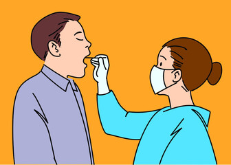 COVID diagnosis process Doctor performs nasal PCR using sterile swab Diagnosis of Coronavirus COVID-19 ATK