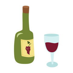 A bottle of red grape wine and a full glass next to it. Vector illustration for design or decor