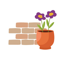 Purple flowers in an orange clay pot on the background of a brick wall. The vector illustration is isolated. Clipart for design, decor