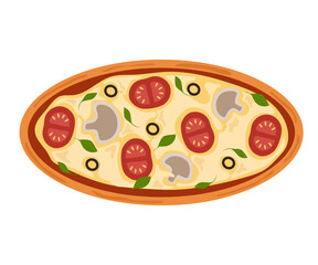 Pizza circle with tomatoes, olives, mozzarella cheese and green basil for a fast food concept. Vector appetizing illustration for design or decoration.