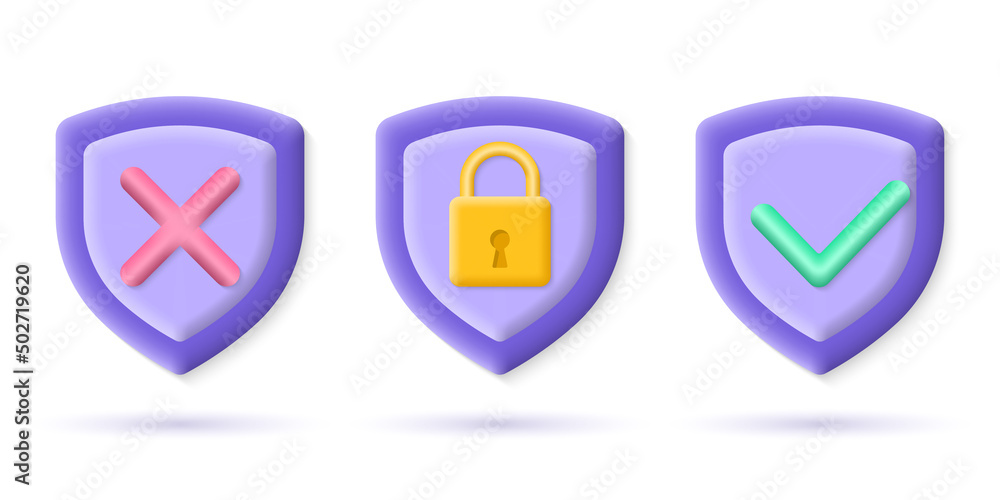 Poster 3d secure and protect icons. security shields with checkmark and lock. network, internet and data pr