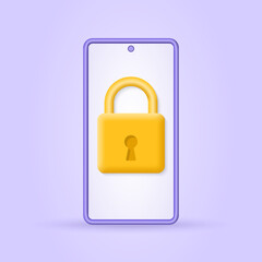 Phone with lock on the screen. 3d smartphone with padlock. Mobile security, safety and protection concept. Vector illustration.