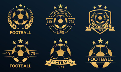 Soccer logo set with a ball. Football club or team emblem, badge, icon design. Sport tournament, league, championship gold labels. Vector illustration.