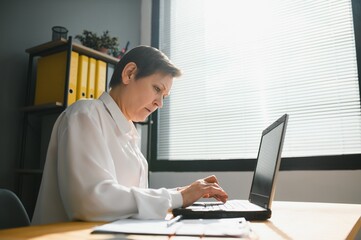 Smiling stylish mature middle aged woman sits at desk with laptop, portrait. older senior...