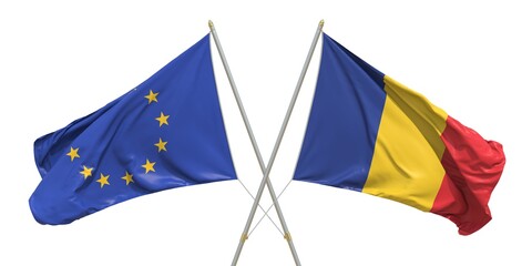 Flags of Romania and the European Union EU on light background. 3D rendering