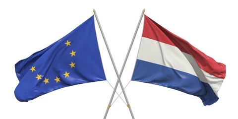 Flags of Netherlands and the European Union EU on white background. 3D rendering - obrazy, fototapety, plakaty