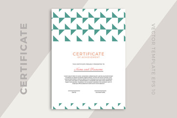 Modern business diploma mockup for graduation or course completion with artistic geometric pattern. Elegant design of certificate of appreciation vertical template. Vector background EPS 10