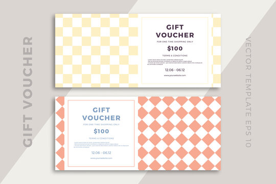 Trendy abstract gift voucher card templates with artistic geometric pattern. Modern discount coupon or certificate layout. Clean and simple vector editable background with sample text. EPS10