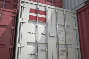 Cargo container with products of Latvia and printed national flag. Logistics related 3D rendering - obrazy, fototapety, plakaty