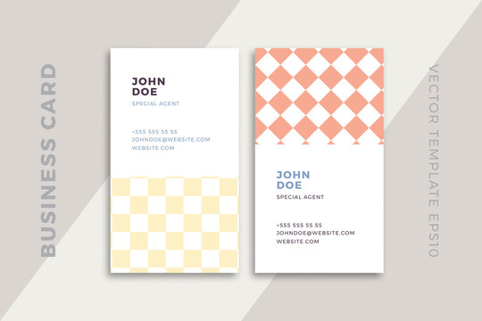 Trendy abstract vertical business card templates with artistic geometric pattern. Modern corporate stationery id layout. Clean and simple vector editable background with sample text. EPS10